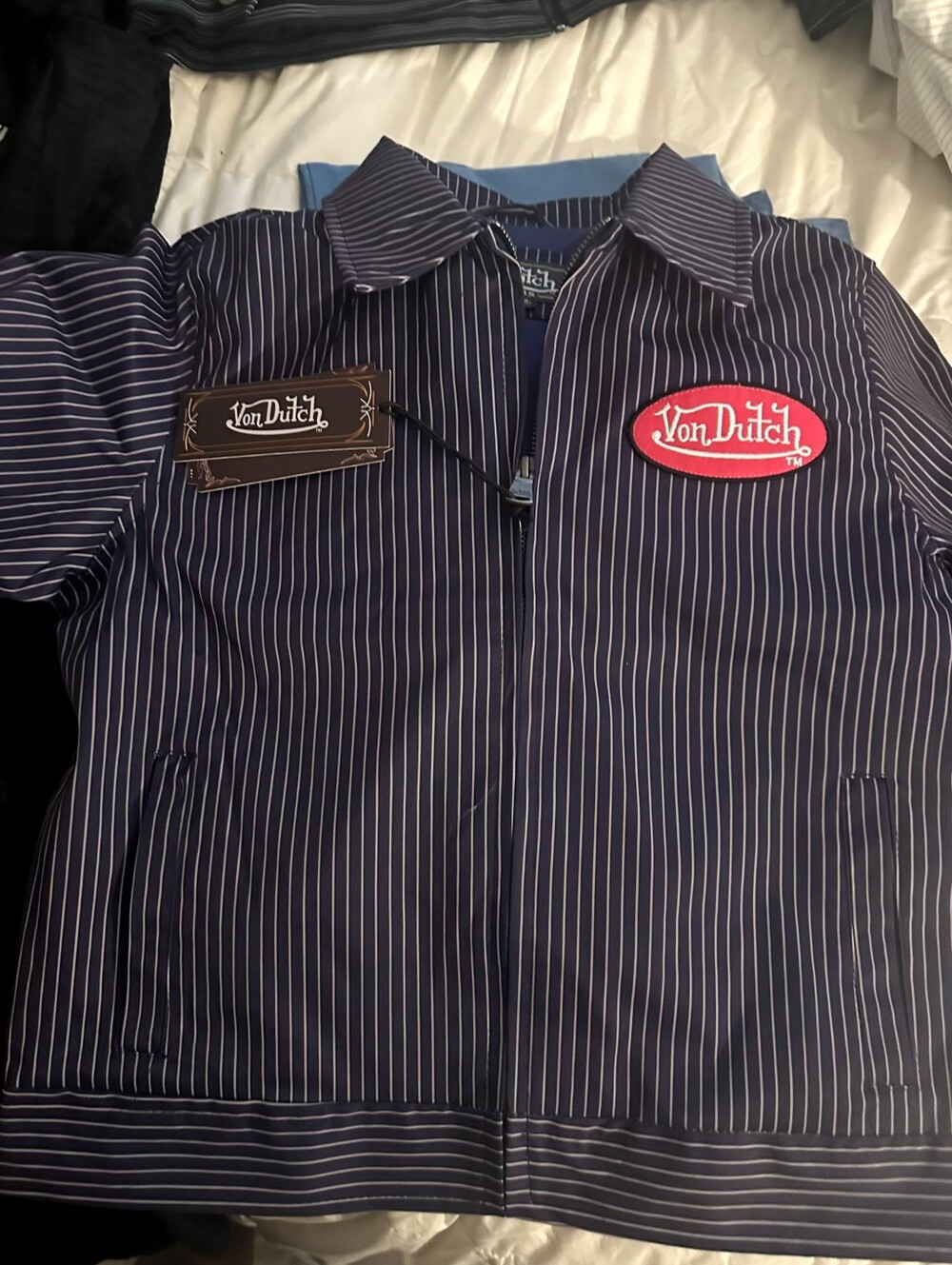 Von Dutch Navy Pinstripe Shirt Jacket with Red Logo Patch